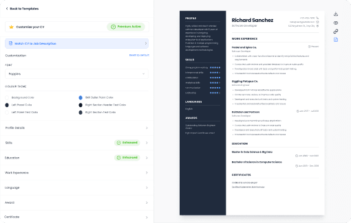 CV Builder editor with a resume template open